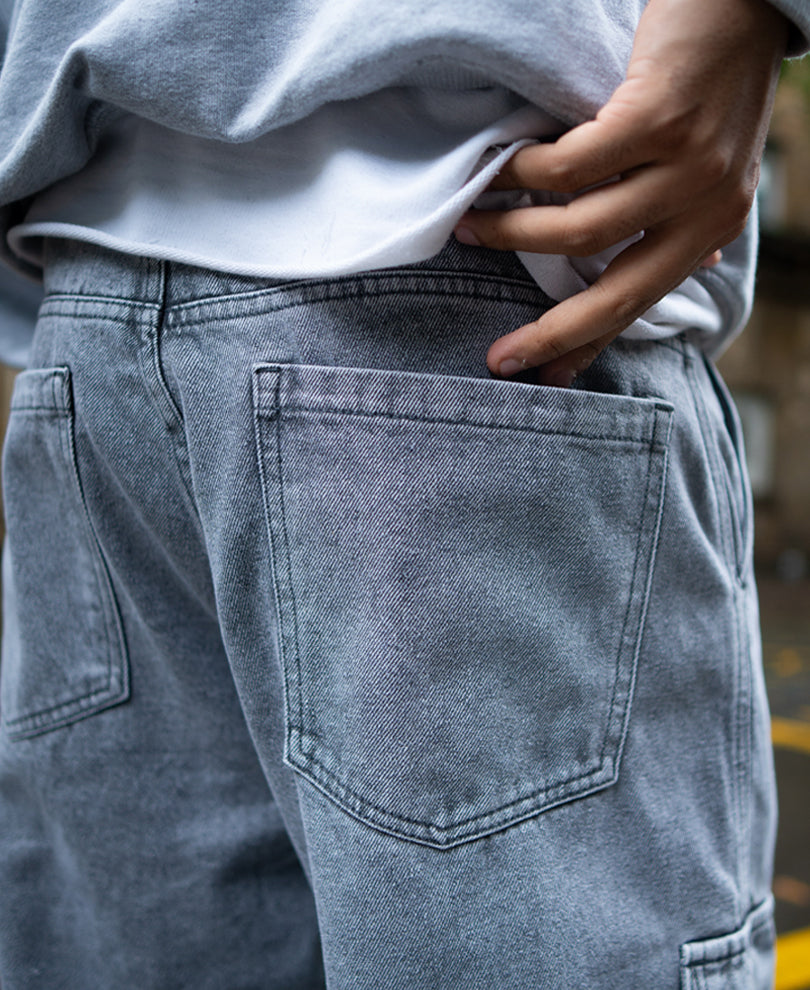 Charcoal Grey Baggy Fit Denim Jeans with Cargo Pockets.