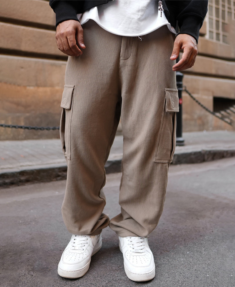 Beige Cargo Pocket Baggy Fit Track Pant.