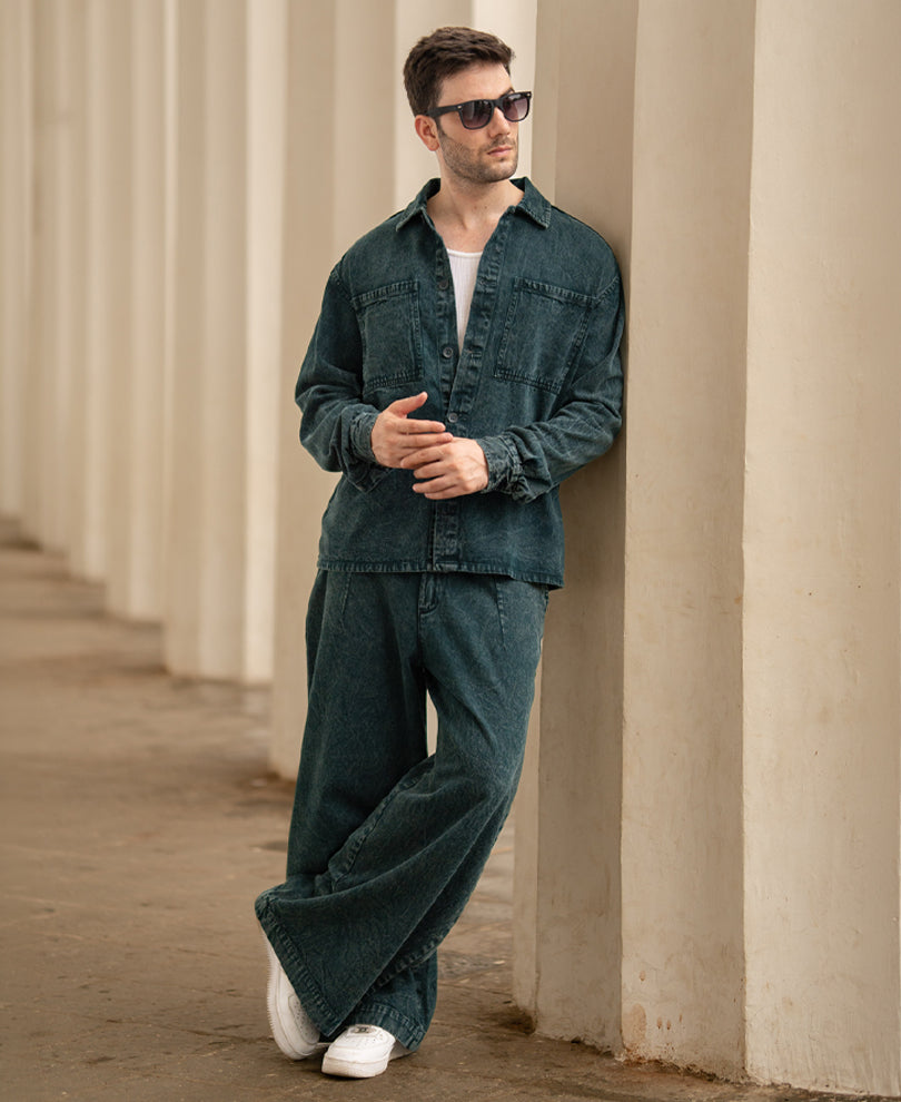 Dark Green Washed Structured Cord Set 100% Cotton