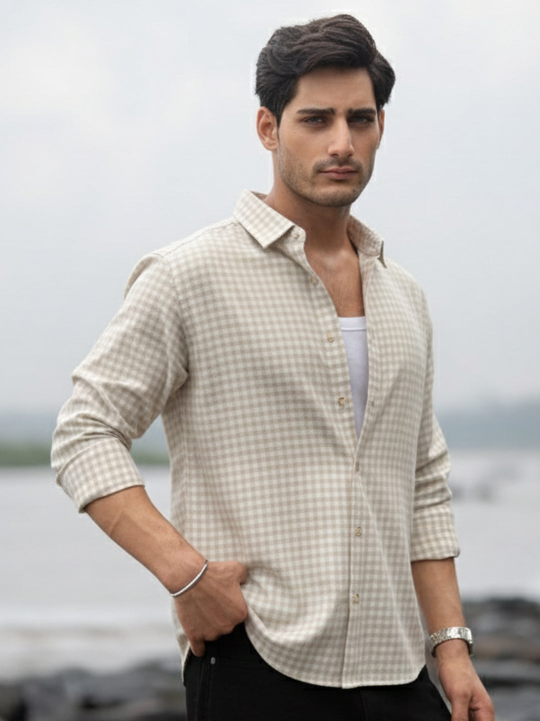 Beige  Checks Shirt.