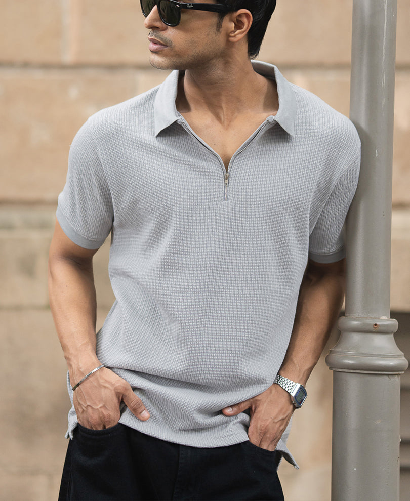 Grey Structured Regular Fit Half Sleeves Zipper T Shirt.
