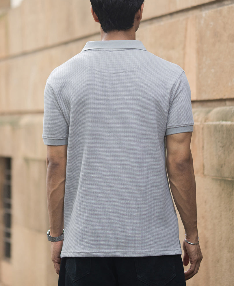 Grey Structured Regular Fit Half Sleeves Zipper T Shirt.
