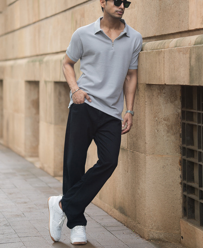 Grey Structured Regular Fit Half Sleeves Zipper T Shirt.