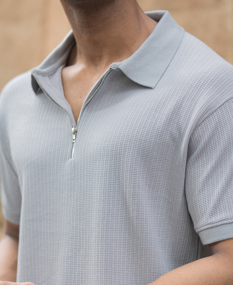 Grey Structured Regular Fit Half Sleeves Zipper T Shirt.
