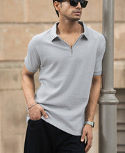 Grey Structured Regular Fit Half Sleeves Zipper T Shirt.