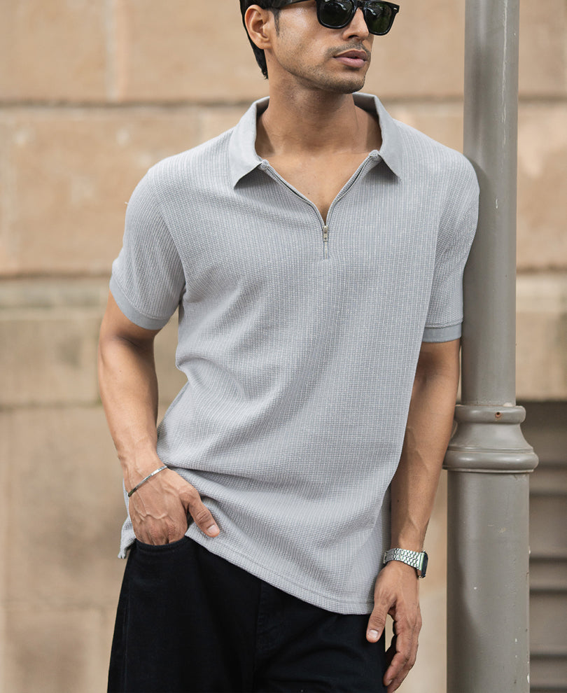Grey Structured Regular Fit Half Sleeves Zipper T Shirt.