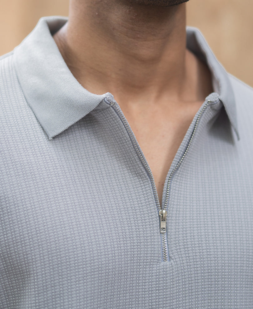 Grey Structured Regular Fit Half Sleeves Zipper T Shirt.