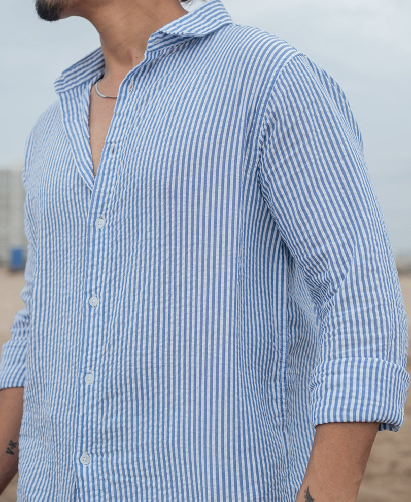 Blue and White Regular fit Striped Full Sleeves Shirt.