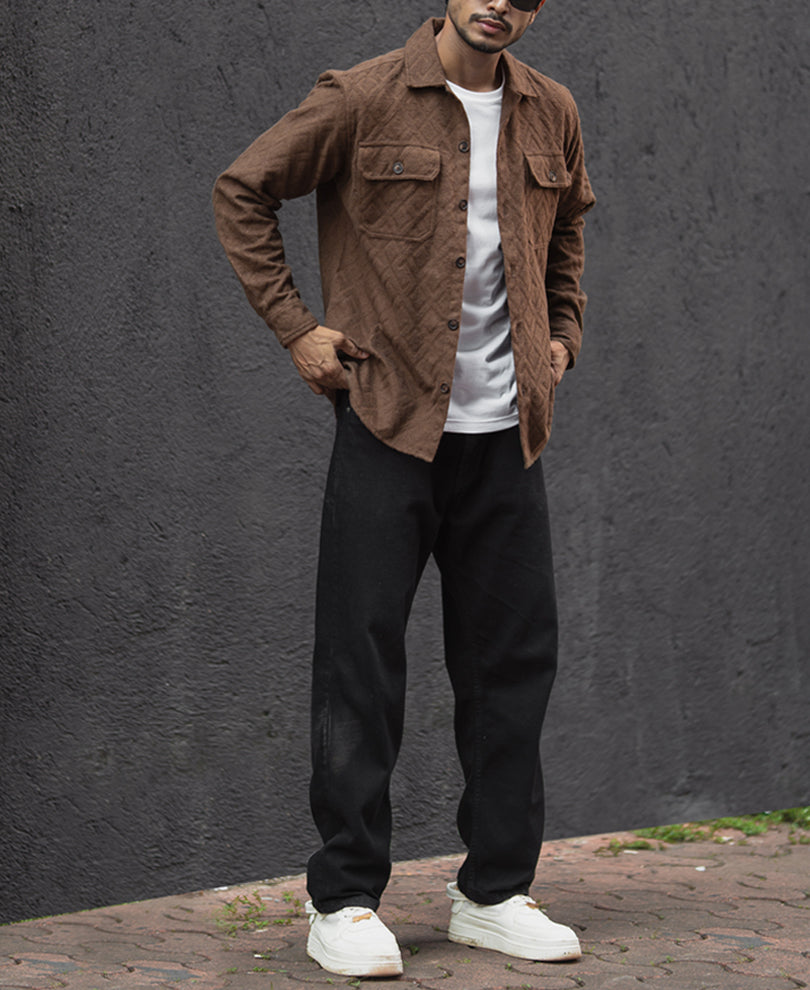 Dark Brown Regular Fit Full Sleeves Shirt.