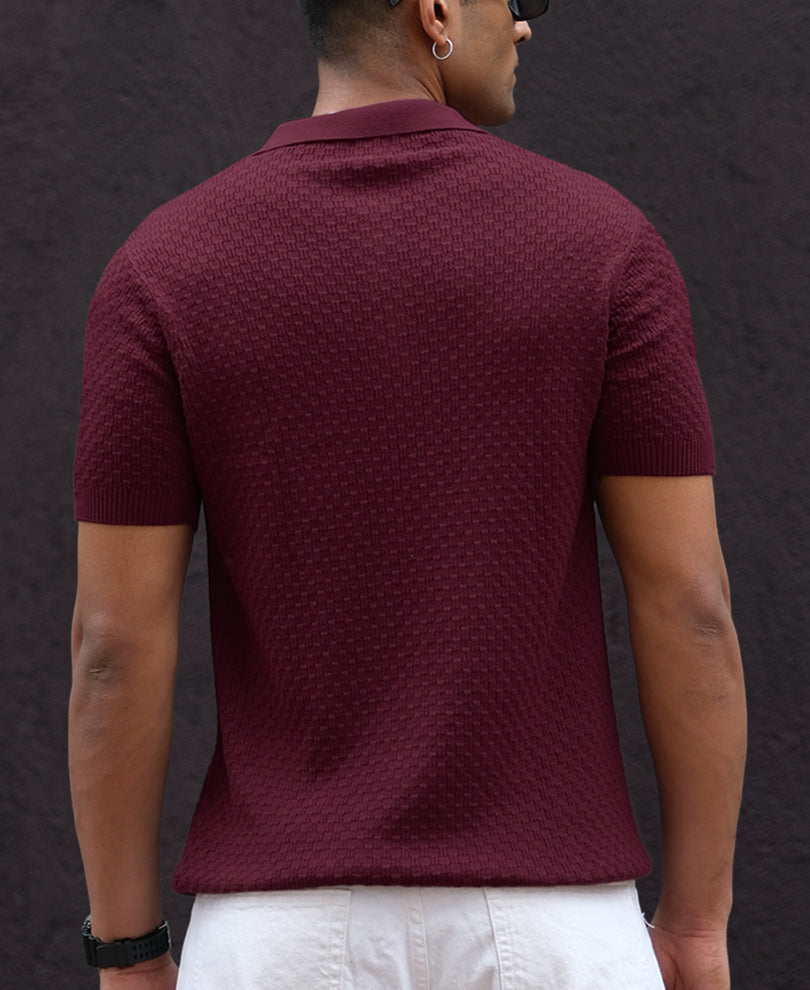Wine Knitted Regular Fit Half Sleeves T-Shirt.
