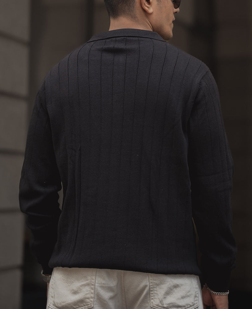 Black Knitted Regular Fit Full Sleeves T Shirt.