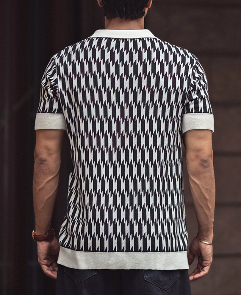 White and Black Knitted Regular Fit Half Sleeves Zipper T Shirt.