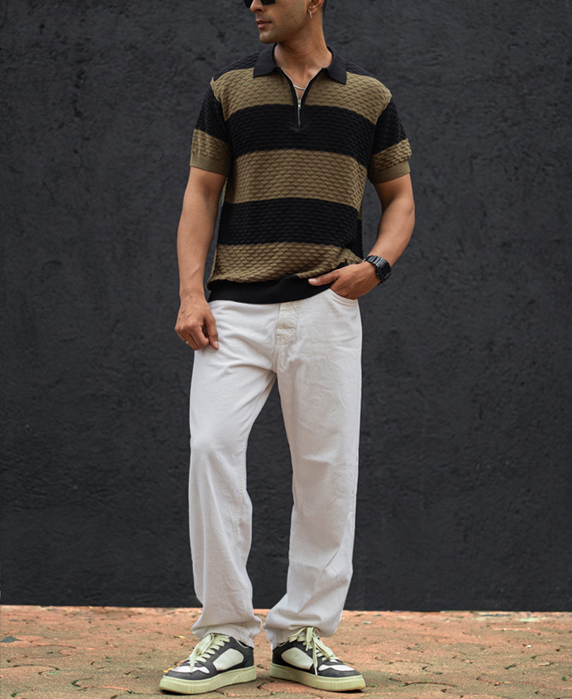 Olive Green and Black Structured Striped Regular Half Sleeves T Shirt.