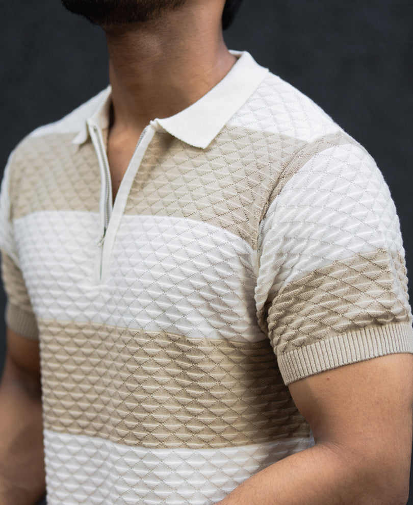 Off White Structured Striped Regular Half Sleeves T Shirt.