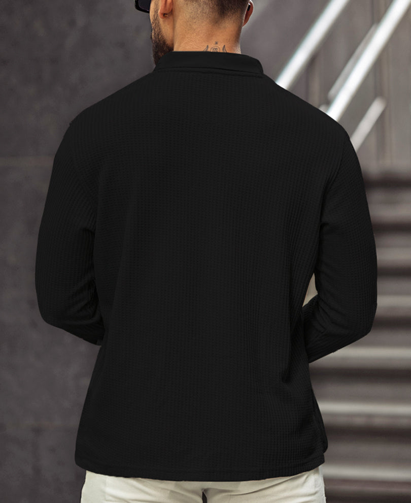Black Regular Fit Full Sleeves Collar Neck T-Shirt With Chain.