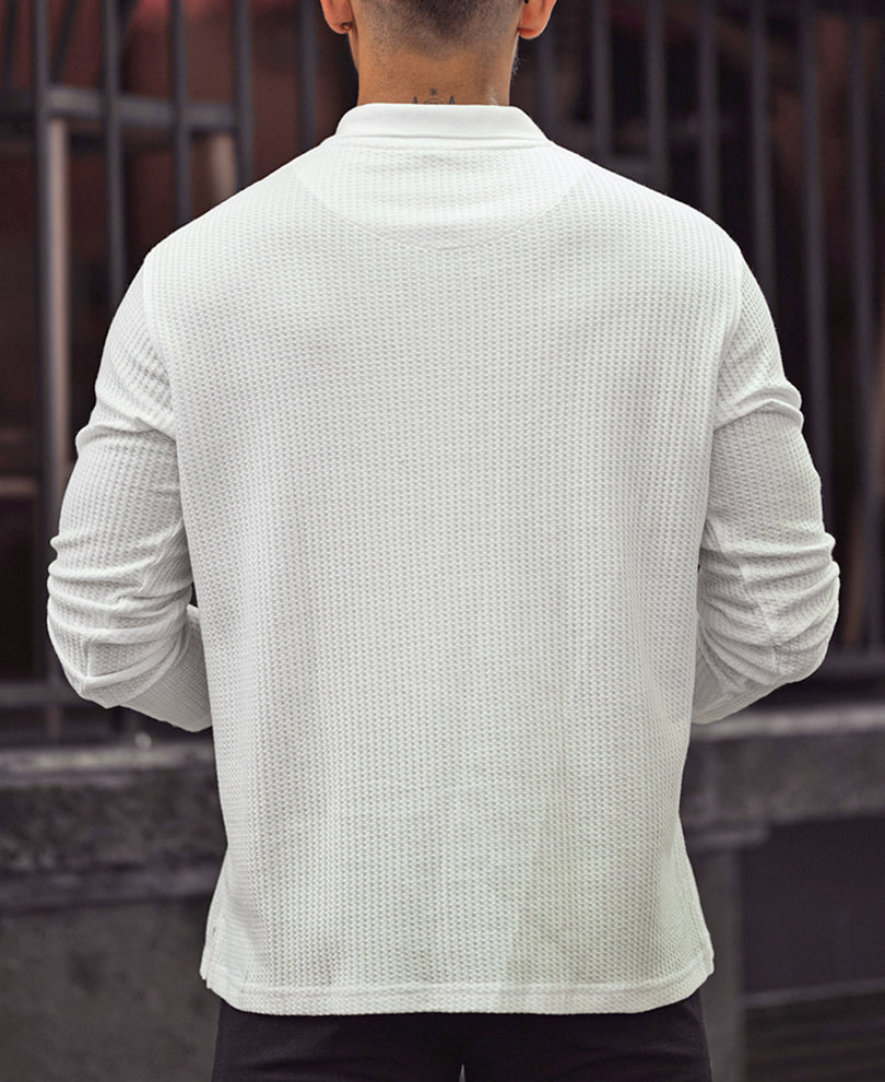 White Waffle Design Regular Fit Full Sleeve T-Shirt with Zipper.