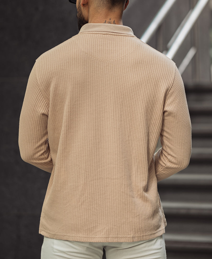 Light Fawn Waffle Design Regular Fit Full Sleeve T Shirt with Zipper.