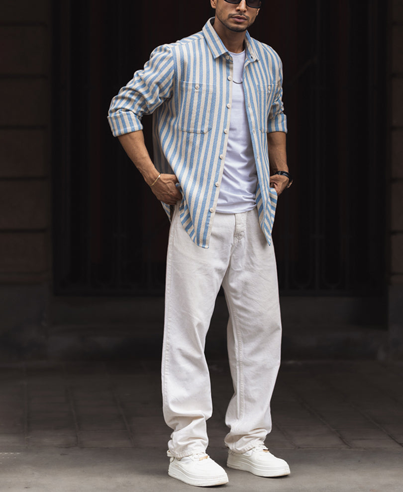 Blue And White Stripes Regular Fit Full Sleeves Shirt.