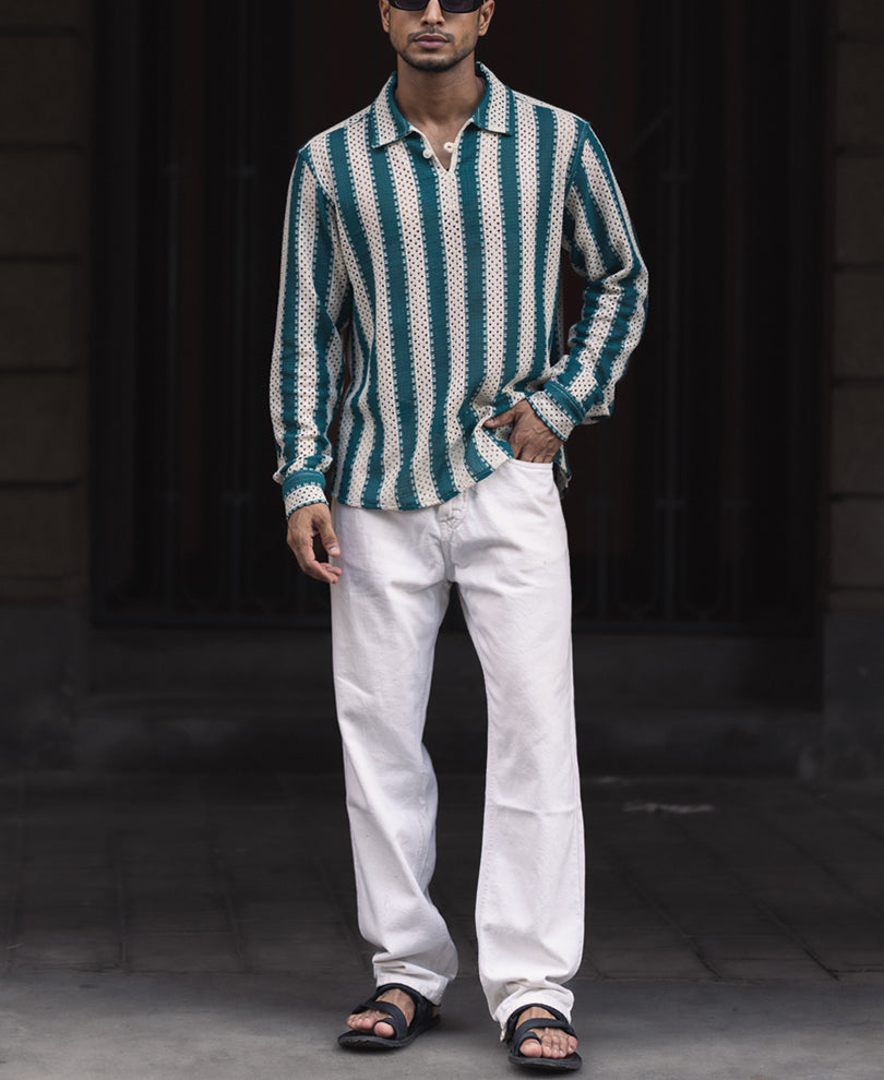Sea Green and Off White Crochet Striped Regular Fit Full Sleeve Shirt.
