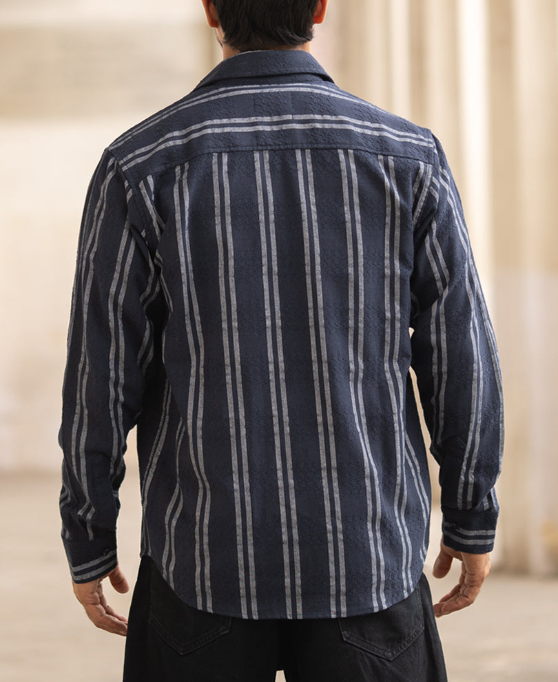 Navy Blue Striped Regular Fit Full Sleeves Shirt.