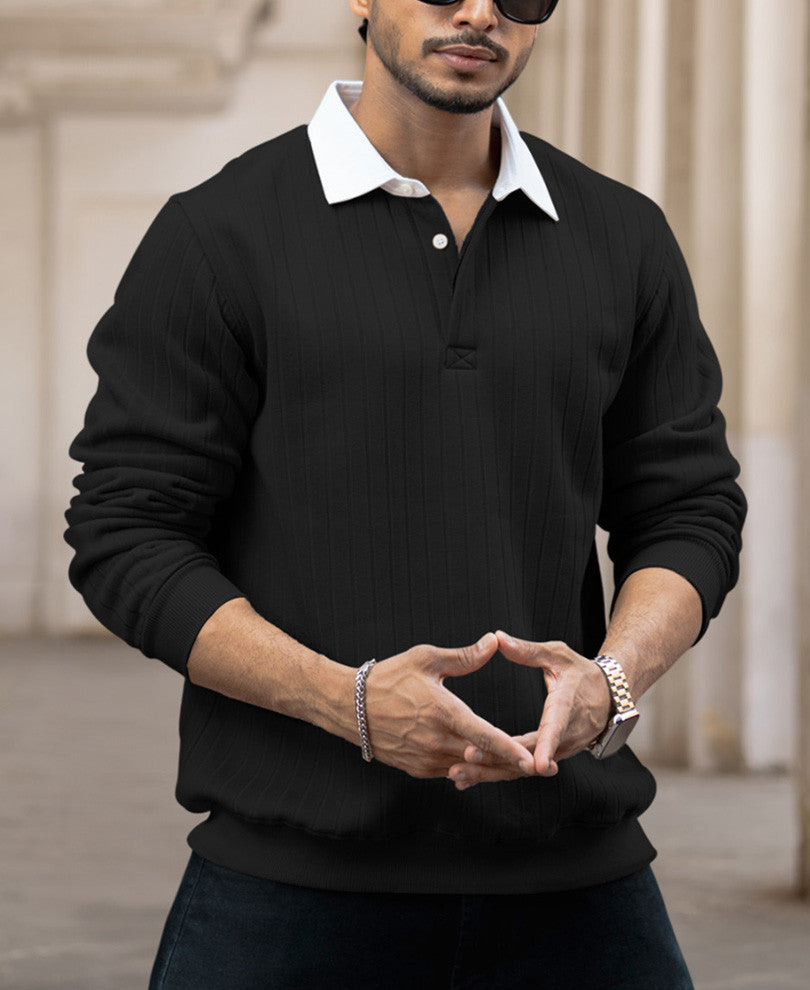Black Regular Fit Full Sleeves Collar T-Shirt.