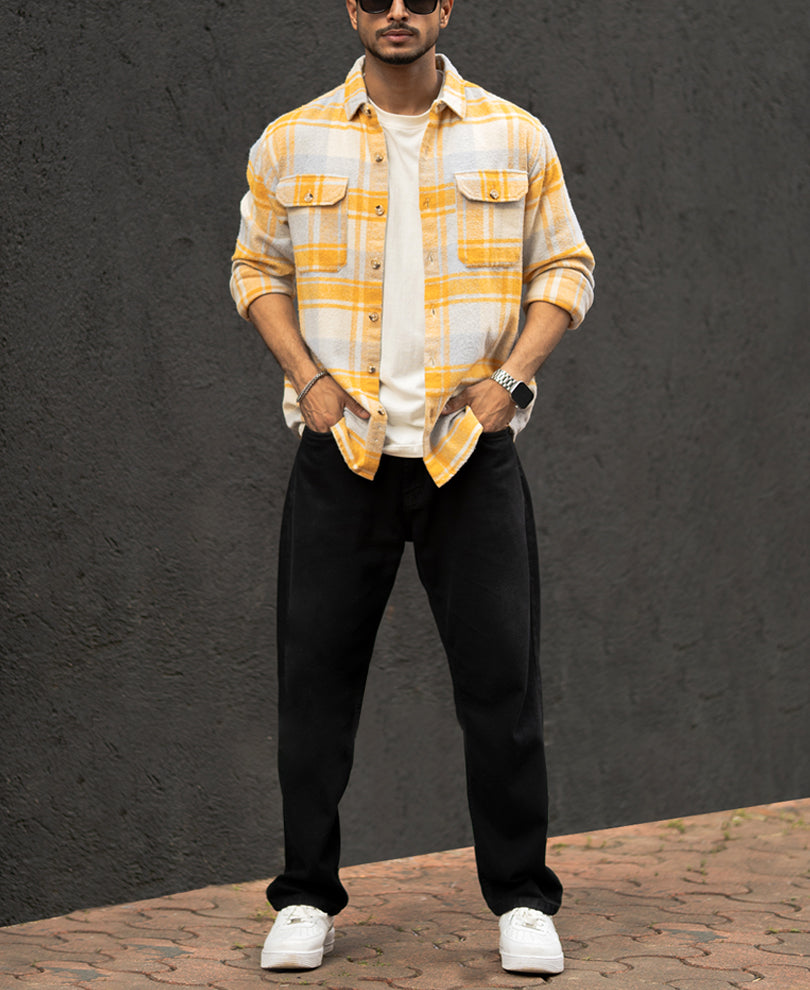 Mustard And Off-White Checks Regular Fit Full Sleeves Shirt.