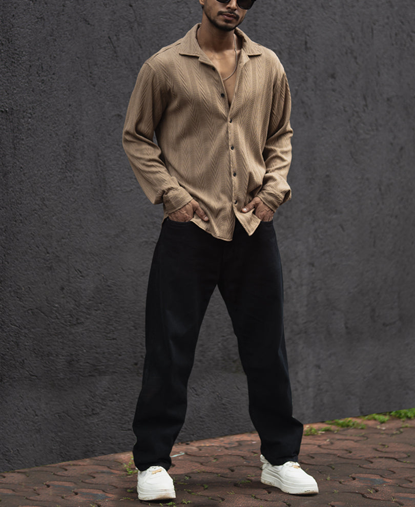 Beige Structured Regular Fit Shirt.