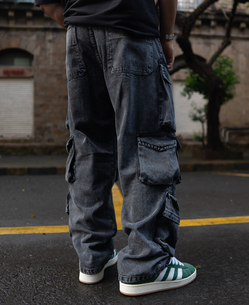 Carbon Black Baggy Fit Cargo Pockets Denim Jeans.