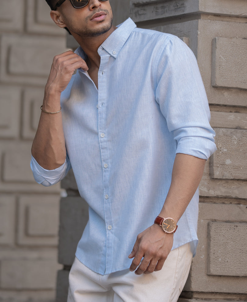 Sky Blue Plain Regular Fit Full Sleeves Shirt.