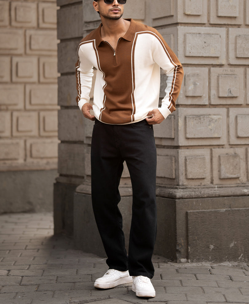 Brown-White Colour Blocked Polo T-Shirt.