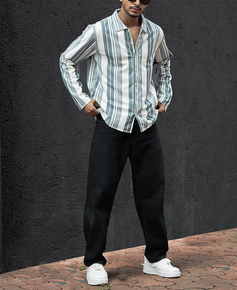 Off White And Blue Striped Regular Fit Full Sleeves Shirt.