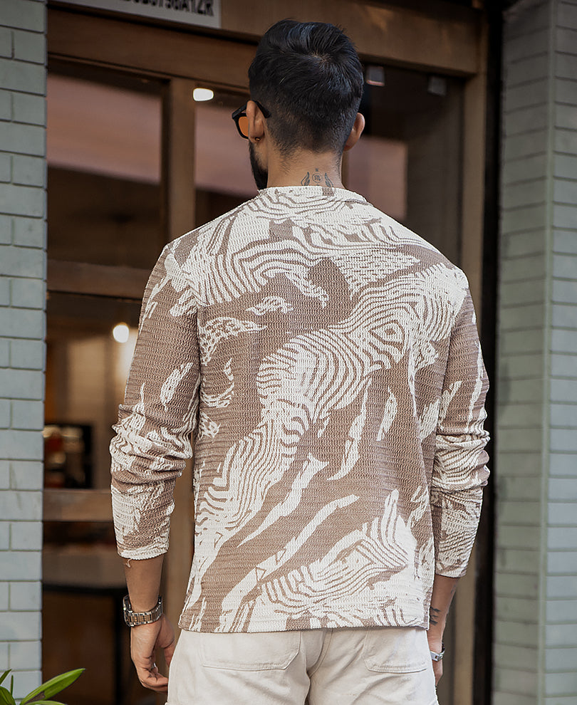 Off-White And Brown Regular Fit Printed Full Sleeves T-Shirt.