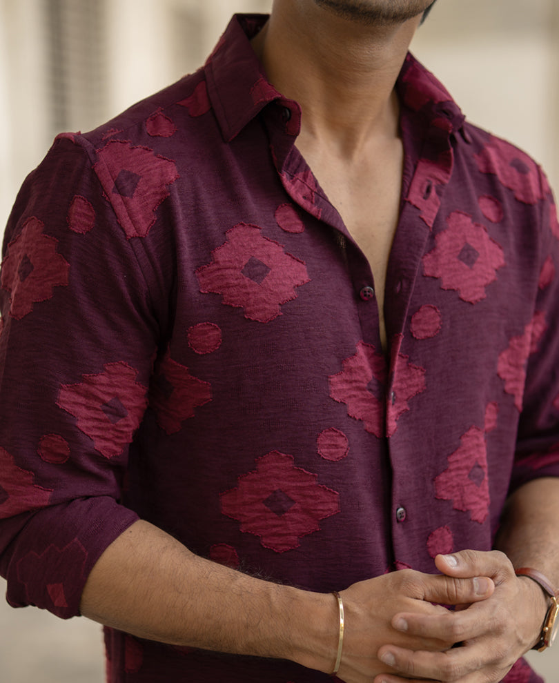 Wine Geometric Jacquard Shirt.