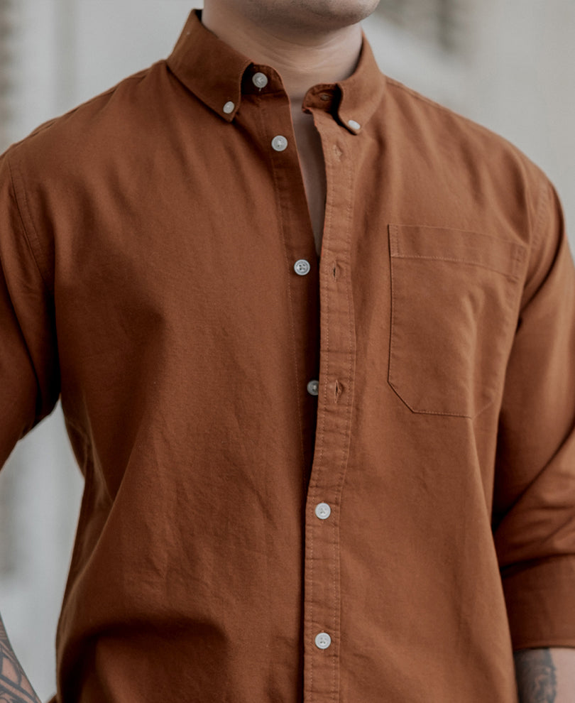 Tan Oxford Shirt.