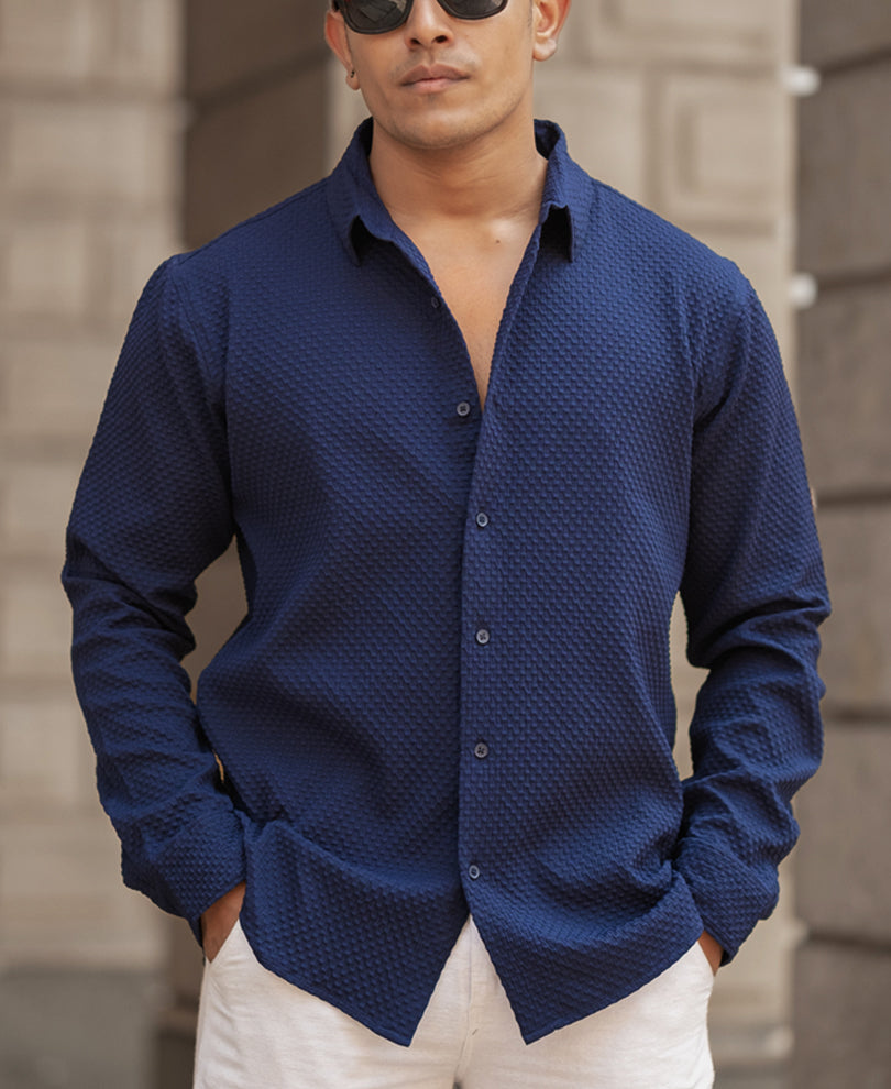 Navy Blue Structured Regular Fit Shirt.