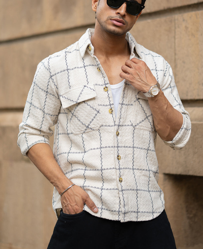 Cream Structured Checks Shirt.