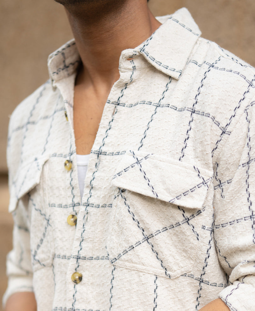 Cream Structured Checks Shirt.