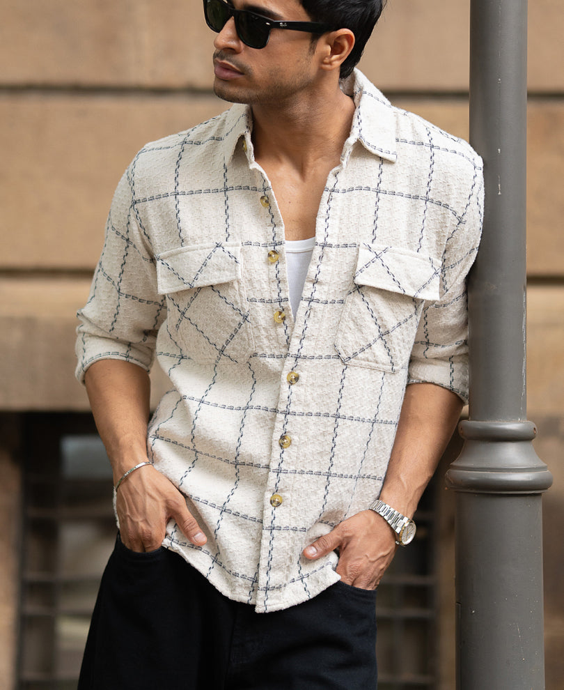 Cream Structured Checks Shirt.