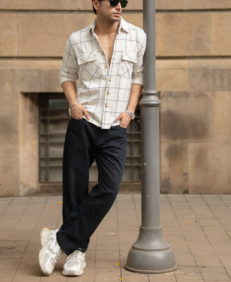 Cream Structured Checks Shirt.