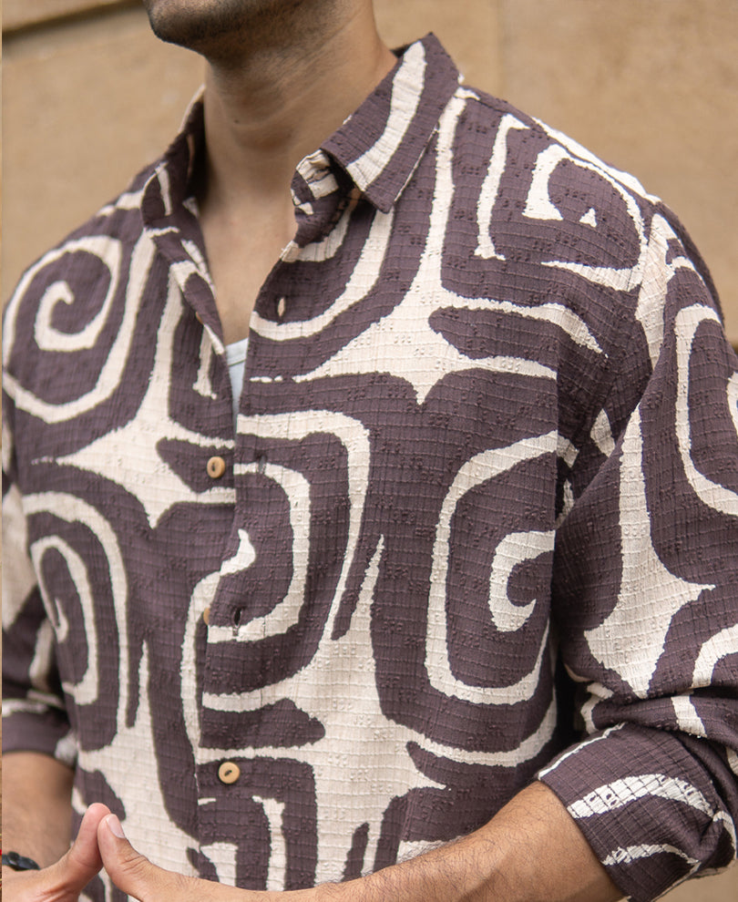 Coffee Brown Abstract Print Shirt.