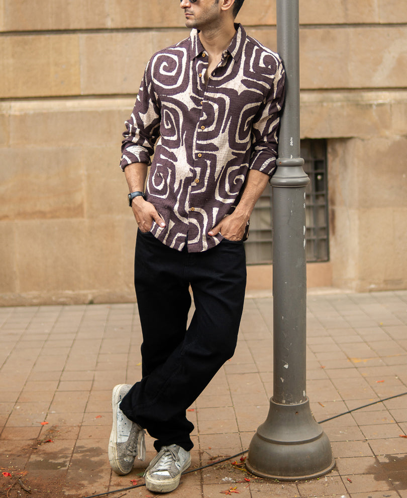 Coffee Brown Abstract Print Shirt.
