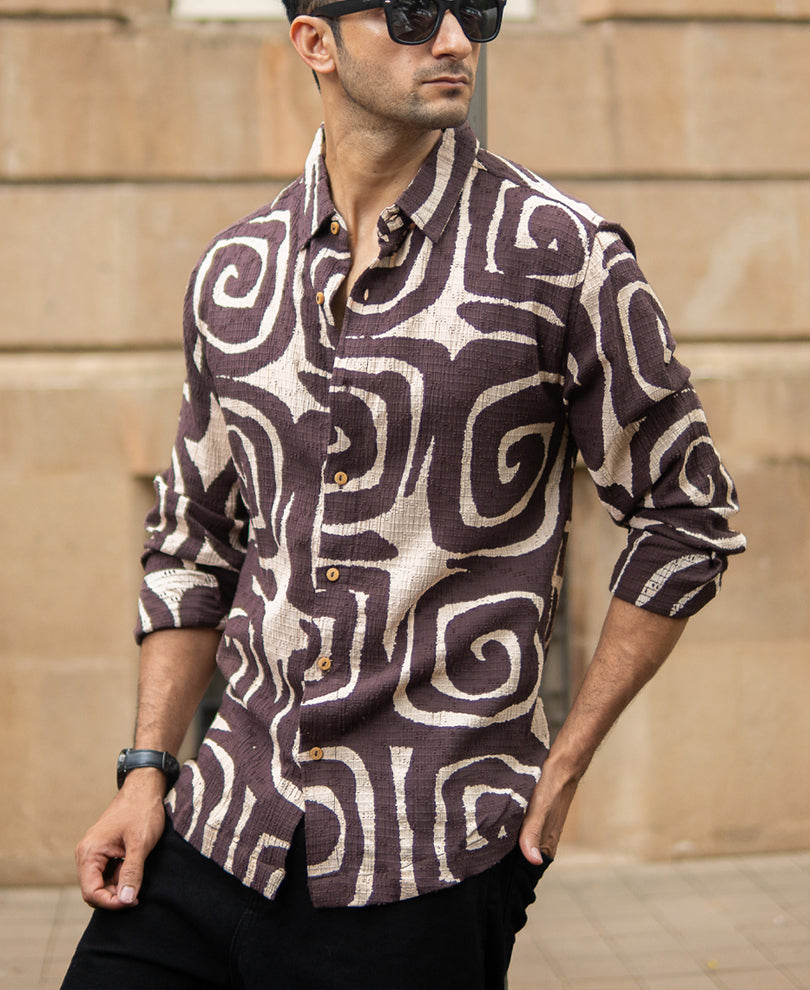 Coffee Brown Abstract Print Shirt.