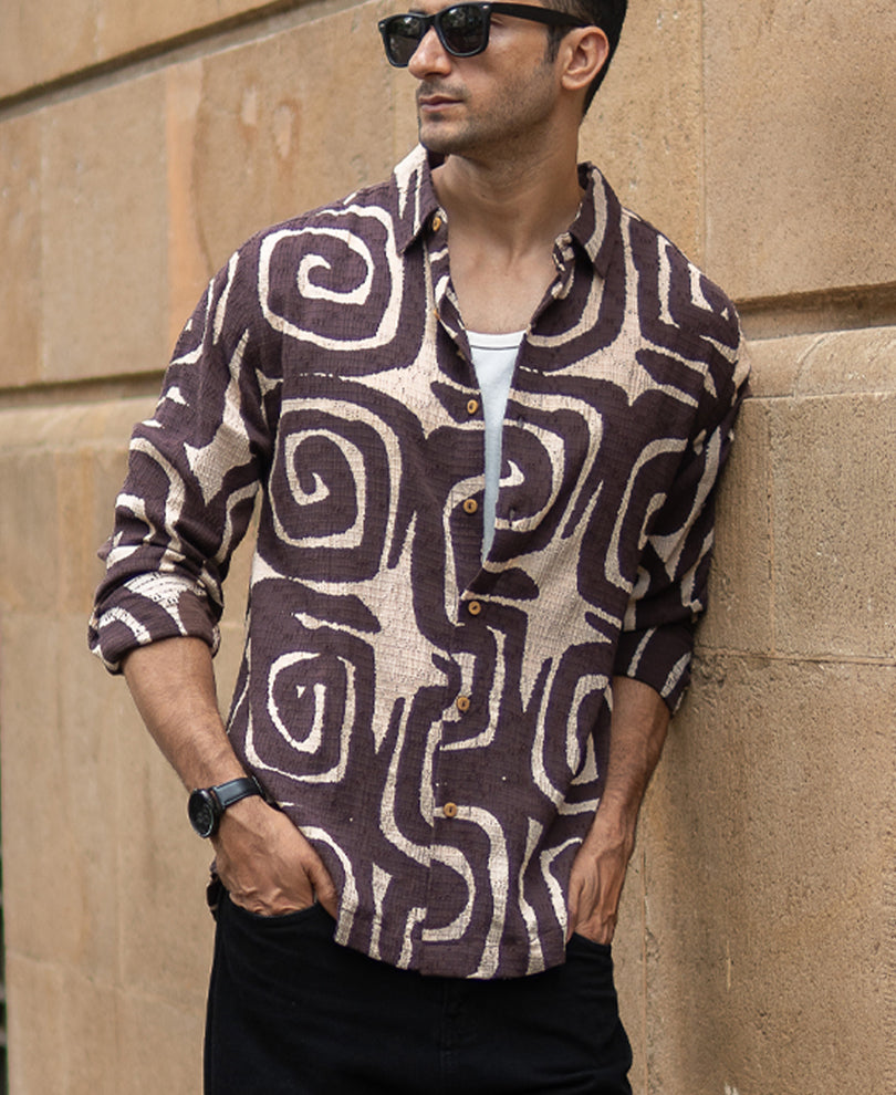 Coffee Brown Abstract Print Shirt.