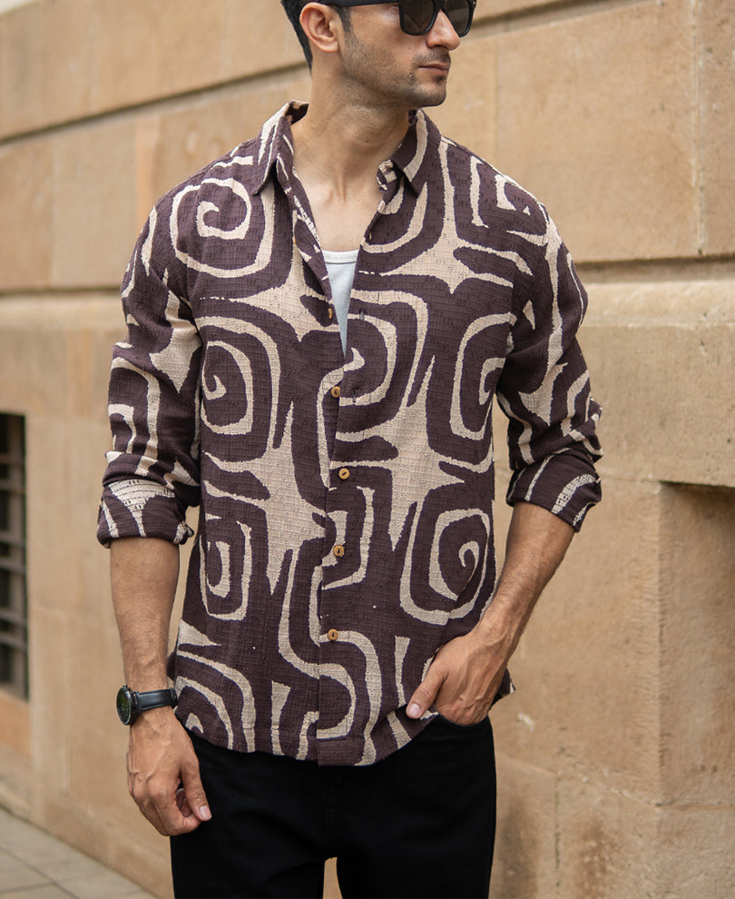 Coffee Brown Abstract Print Shirt.