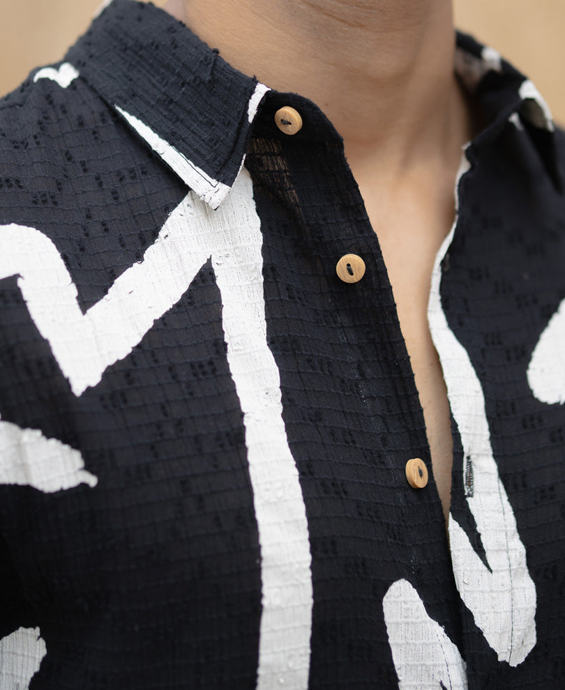 Black Abstract Line Print Shirt.