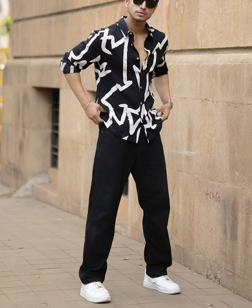 Black Abstract Line Print Shirt.