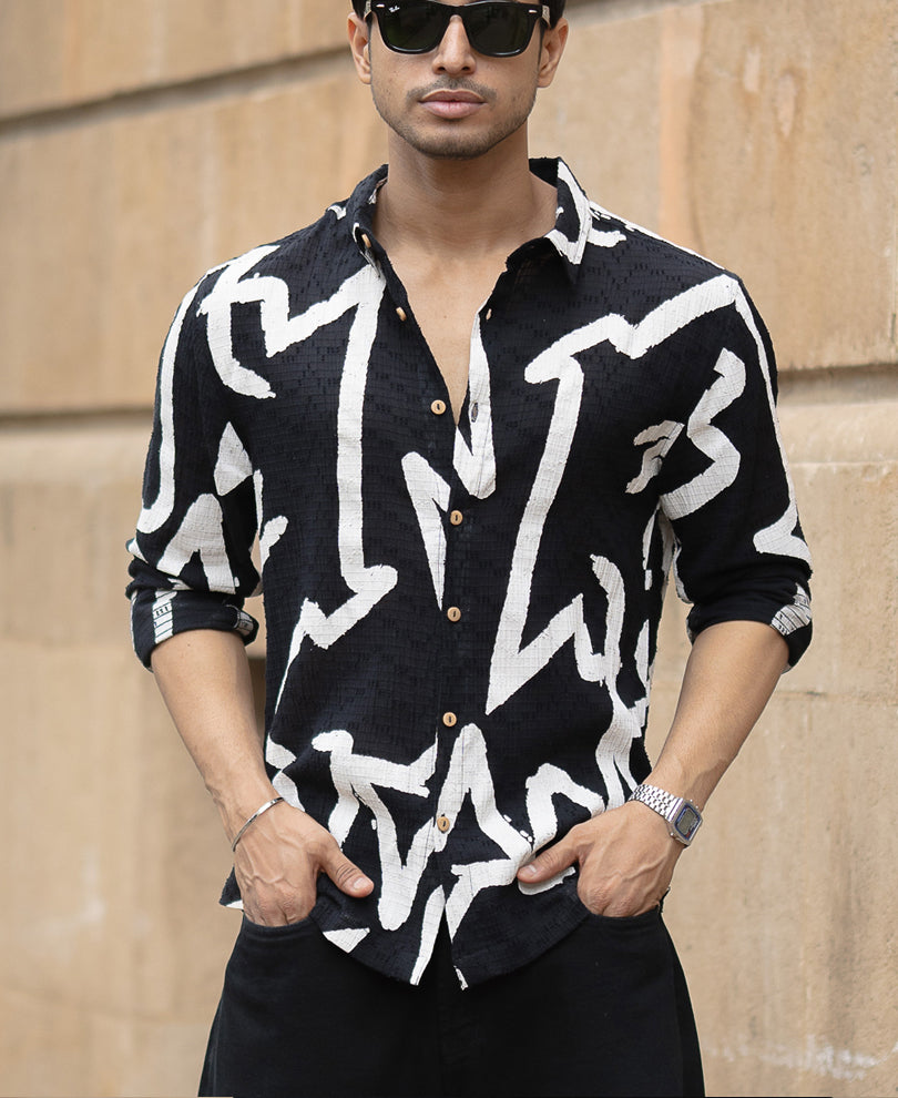 Black Abstract Line Print Shirt.