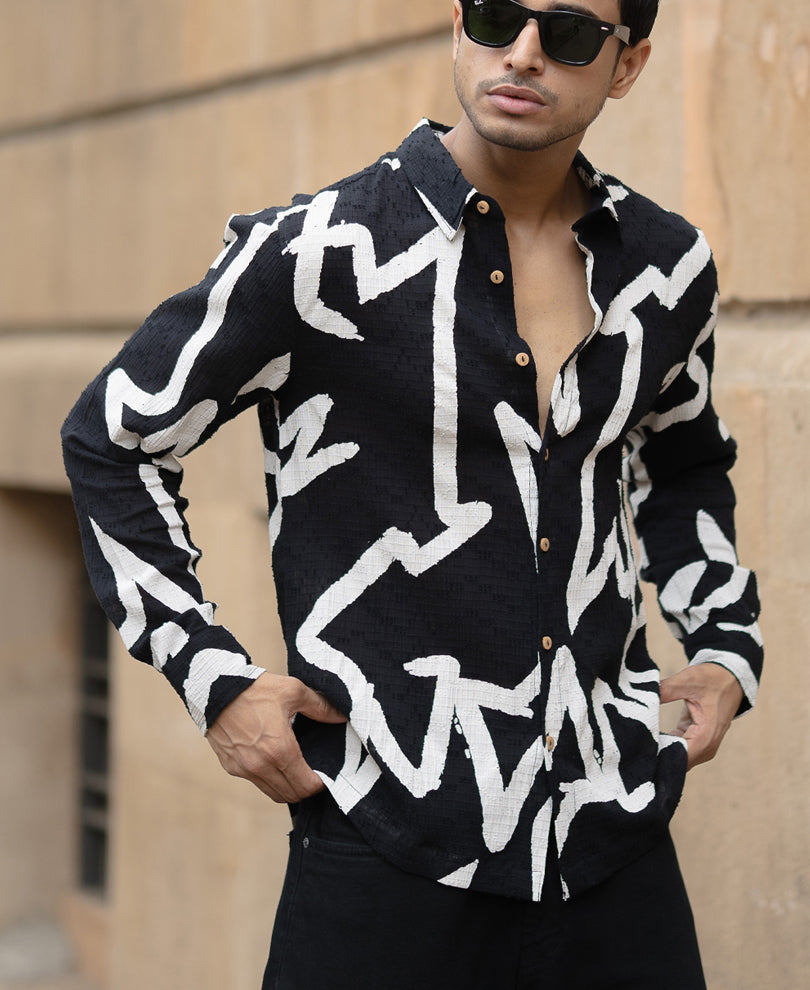Black Abstract Line Print Shirt.