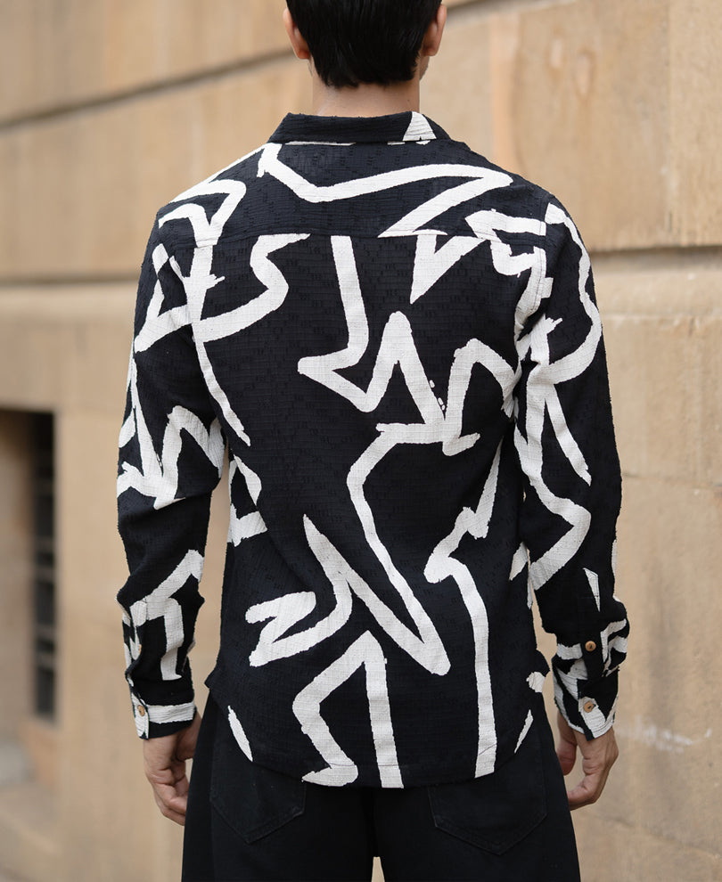 Black Abstract Line Print Shirt.