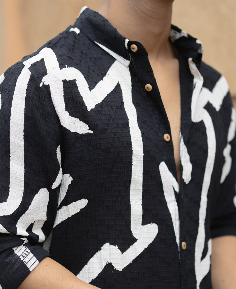 Black Abstract Line Print Shirt.